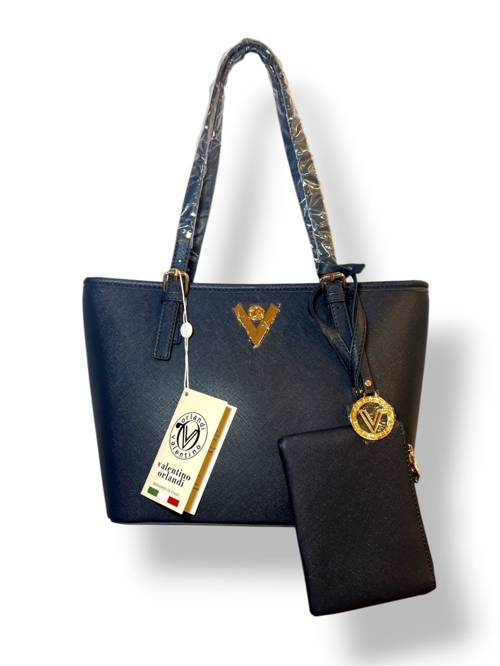 Valentino Navy Blue Saffiano Tote Bag with Wristlet